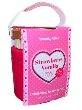 Beauty Bliss Strawberry Vanilla Body Scrub Gift Set w/ Dry Brush Spa Bath
